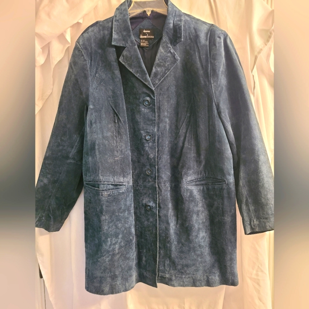 dennis basso Navy Blue Suede Button-Up Jacket